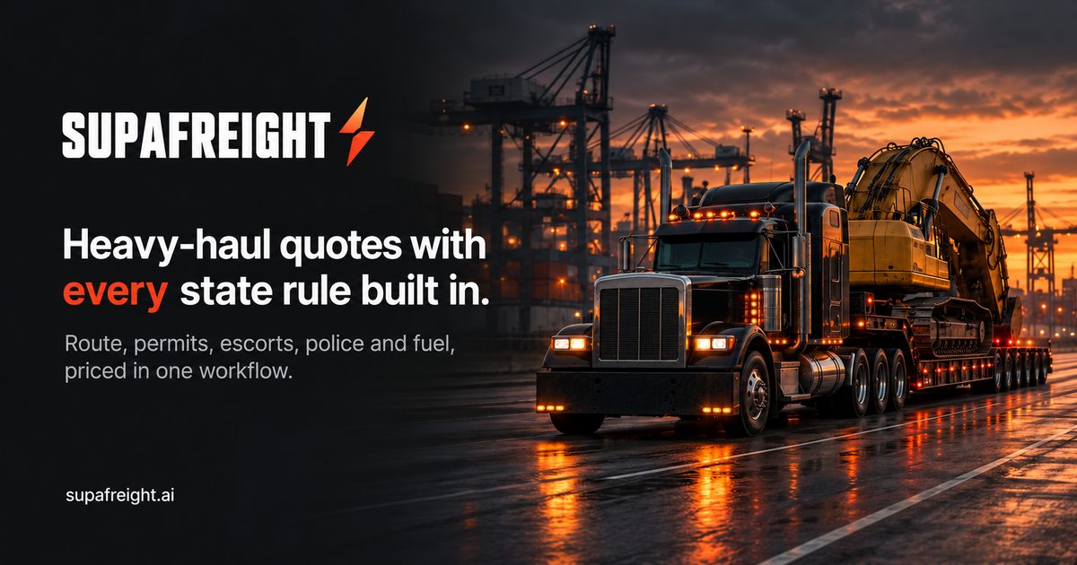 SupaFreight: heavy-haul quotes with every state rule built in. Route, permits, escorts, police and fuel, priced in one workflow.