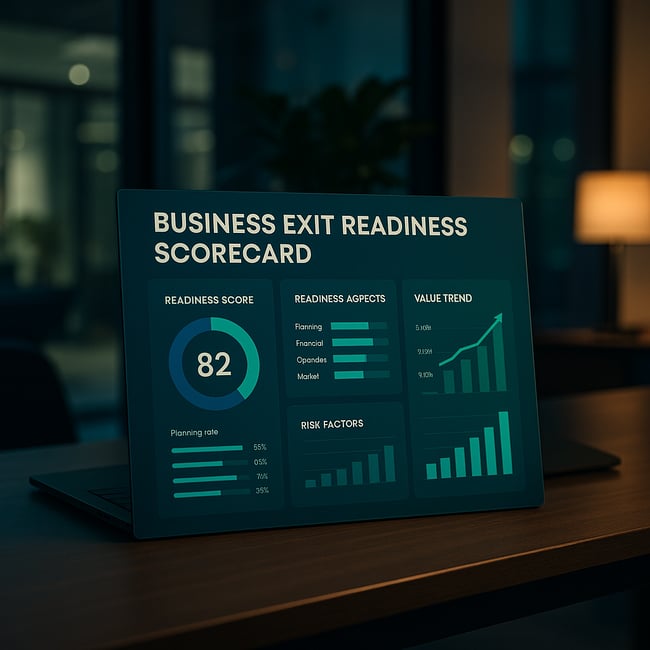 A thoughtfully designed business exit readiness scorecard set against a backdrop of a modern sleek office environment The scorecard featuring graphs a